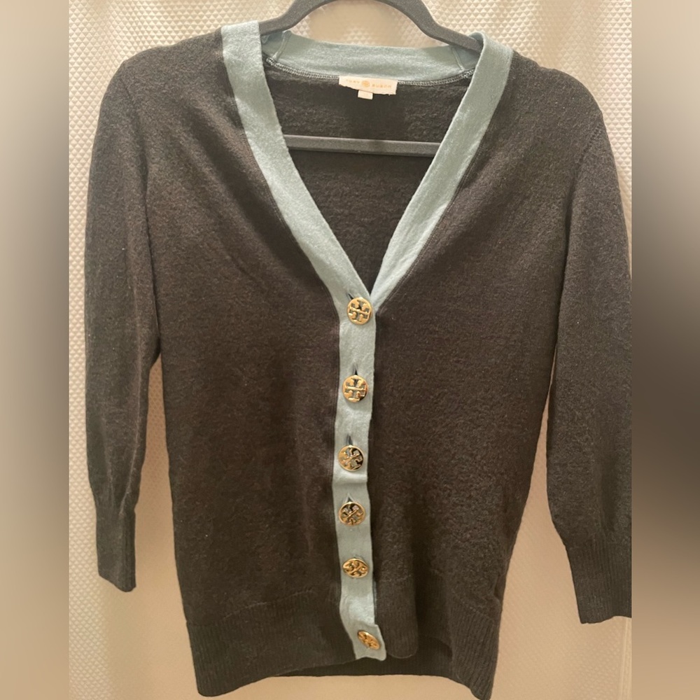 Tory Burch Sweater- Olive Green with light blue trim and logo buttons XS